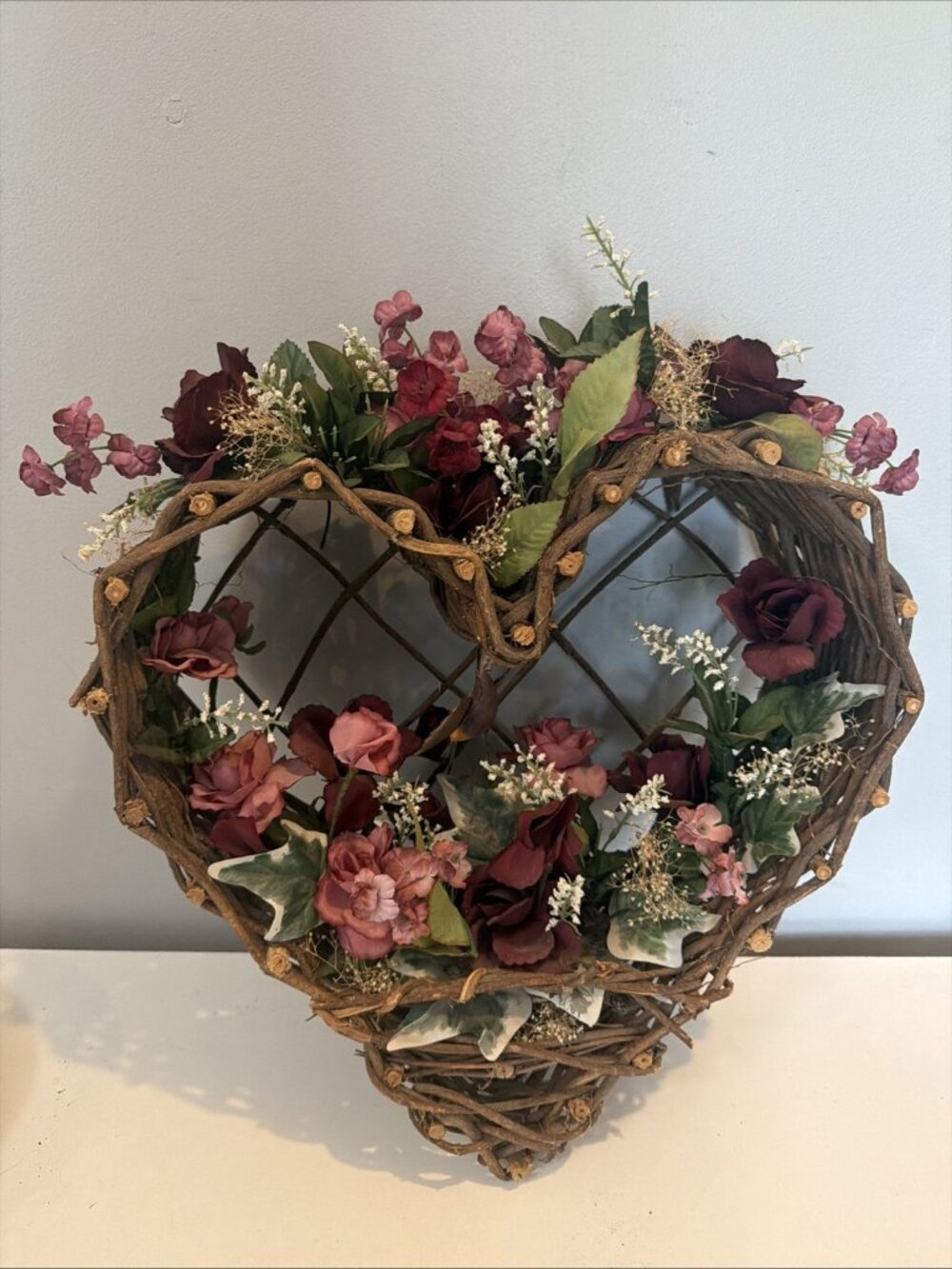 Wall Hanging Woven Basket Heart Shape Wall Pockets Cottage Core Grandma Core